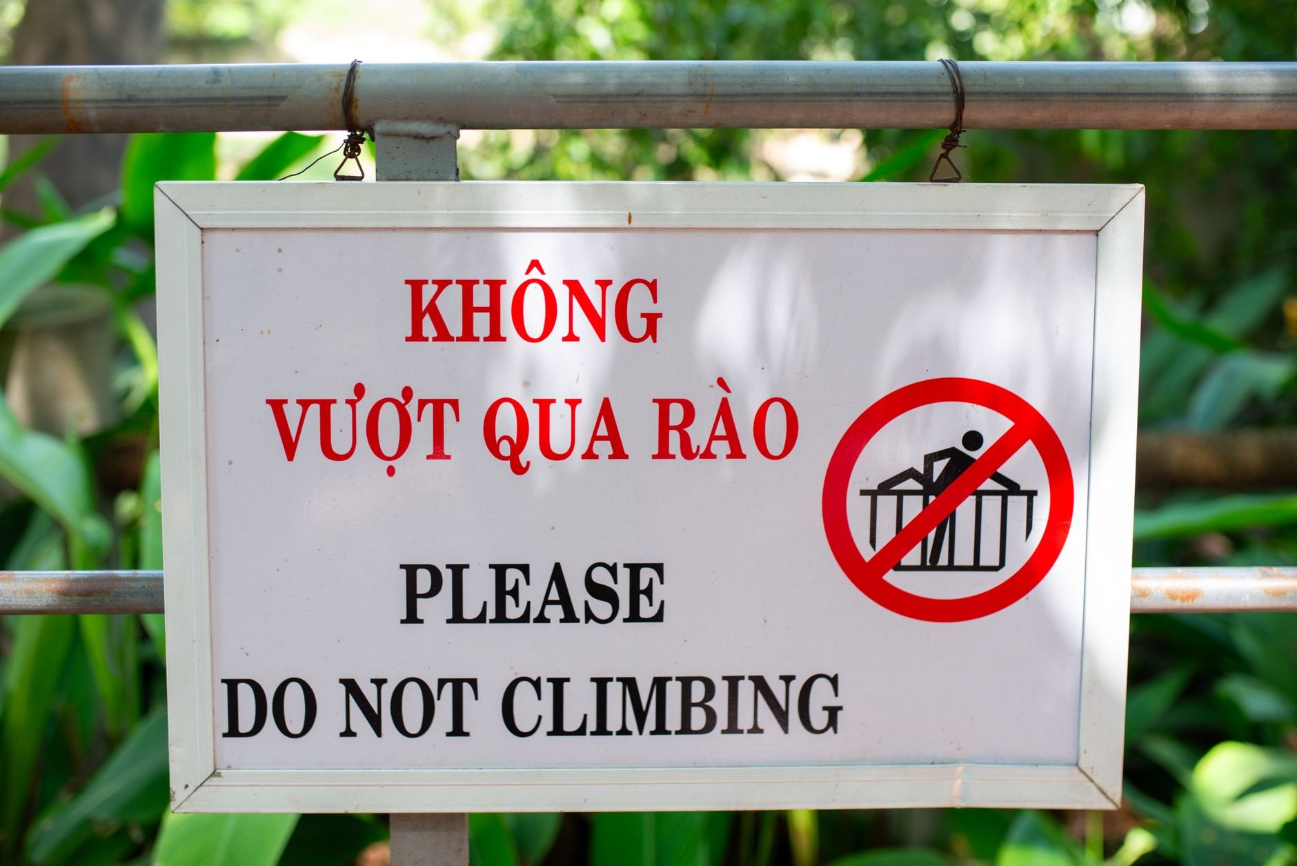 Bilingual safety sign warning against climbing, displayed outdoors with green foliage